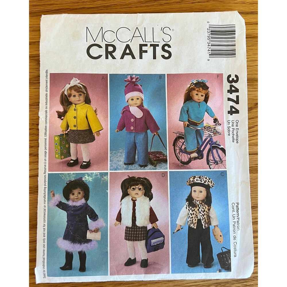 Uncut McCall's Crafts 18" Doll Clothes Sewing Pattern 3474